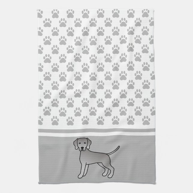 Weimaraner Hund Tecknad Illustration & Tassmönster Kökshandduk (Vertikal)