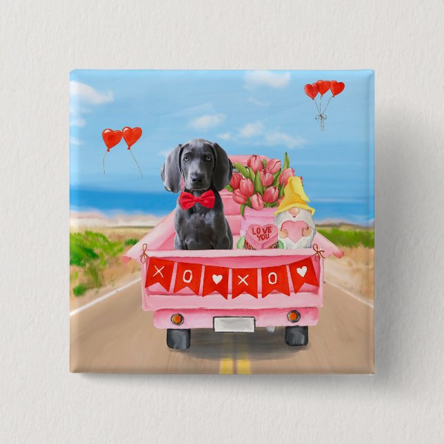 Weimaraner Hund Valentine Day Lastbil Hearts Knapp (Framsida)