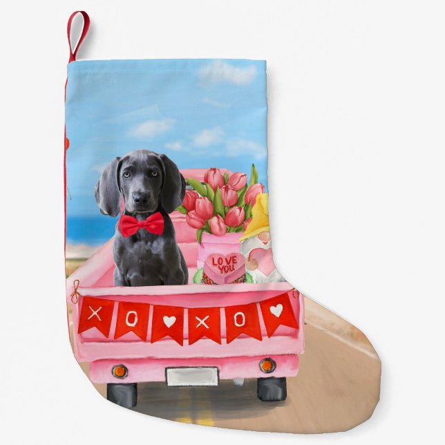 Weimaraner Hund Valentine Day Lastbil Hearts Liten Julstrumpa (Framsidan)