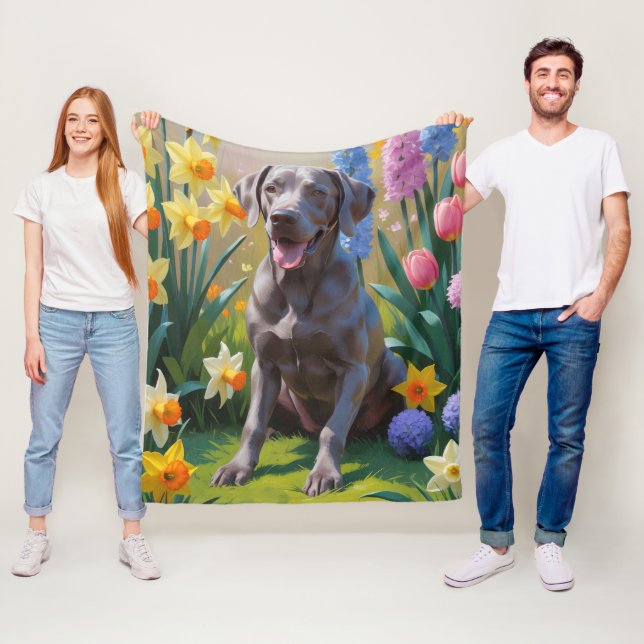 Weimaraner Hund Vår blommor Painting Fleecefilt (På plats)