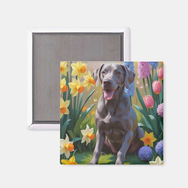 Weimaraner Hund Vår blommor Painting Magnet (Front/Back)