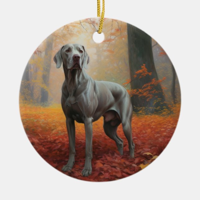 Weimaraner i höstlöv Fall Inspire Julgransprydnad Keramik (Framsidan)