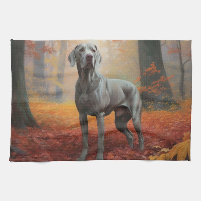 Weimaraner i höstlöv Fall Inspire Kökshandduk (Horisontell)