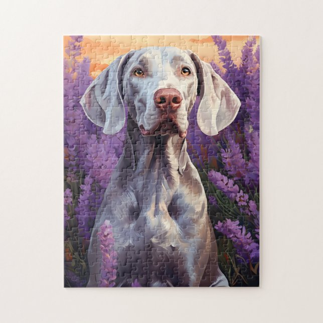 Weimaraner i Lavender fält Pussel (Vertikal)