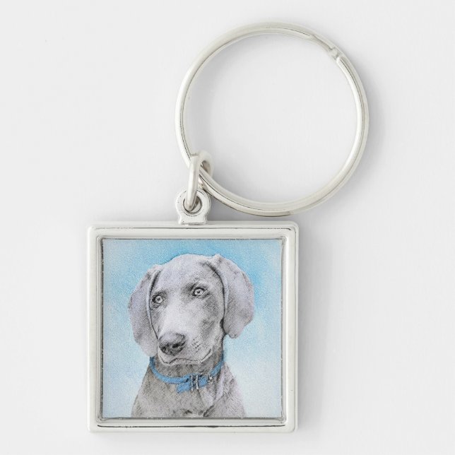 Weimaraner-målning - Cute Original Hund Art Fyrkantig Silverfärgad Nyckelring (Framsidan)