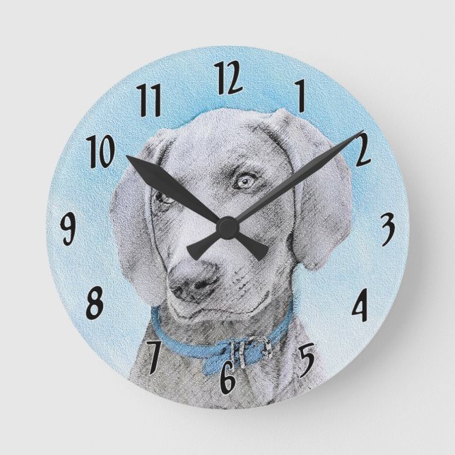Weimaraner-målning - Cute Original Hund Art Rund Klocka (Framsida)