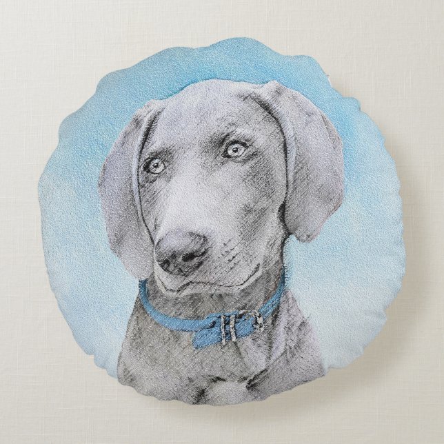 Weimaraner-målning - Cute Original Hund Art Rund Kudde (Baksidan)