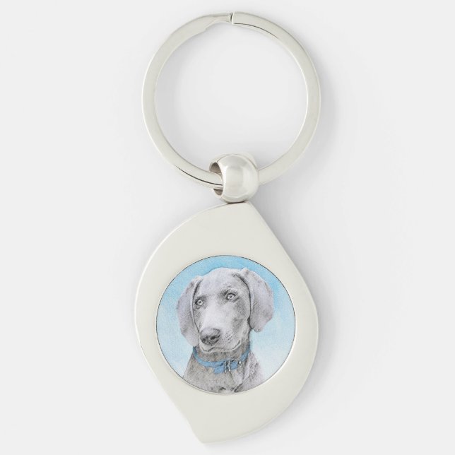Weimaraner-målning - Cute Original Hund Art Swirl Silverfärgad Nyckelring (Framsidan)