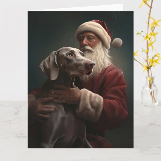 Weimaraner med Tomte Julfirande Jul Kort (Gul blomma)