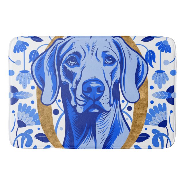 Weimaraner peering thru the letter "O" in Gold Badrumsmatta (Framsidan)