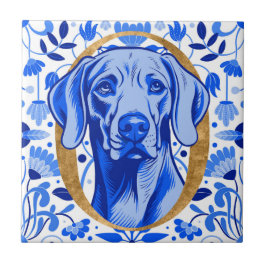 Weimaraner peering thru the letter "O" in Gold Kakelplatta