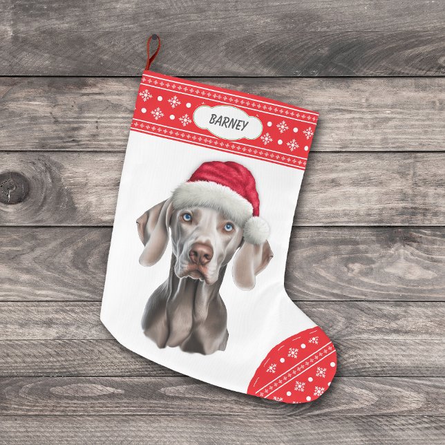 Weimaraner Santa Hat Snowflake Gräns Stor Julstrumpa (Skapare uppladdad)