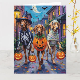 Weimaraner som går runt på halloweenfirande i Hall Kort