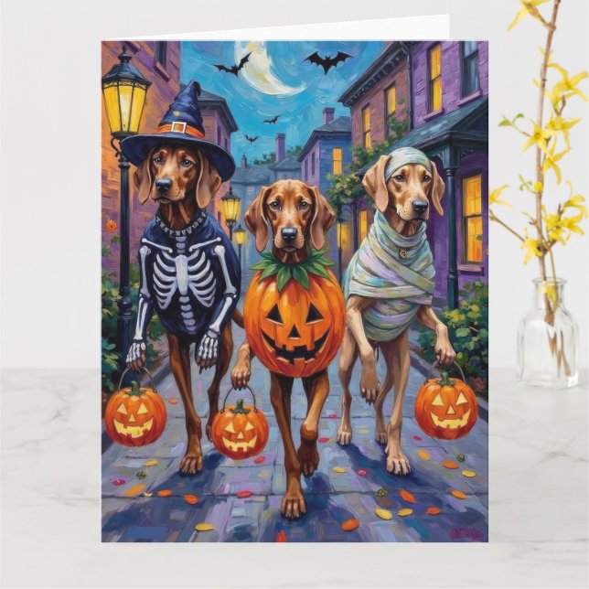 Weimaraner som går runt på halloweenfirande i Hall Kort (Gul blomma)
