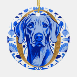 Weimaraner som tittar genom bokstaven "O" i Guld Julgransprydnad Keramik