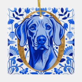 Weimaraner som tittar genom bokstaven "O" i Guld Julgransprydnad Keramik