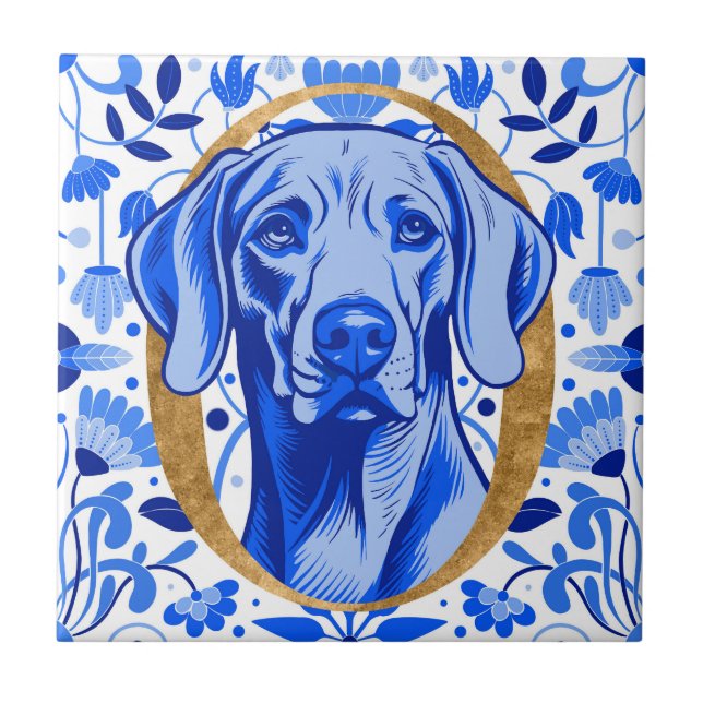 Weimaraner som tittar genom bokstaven "O" i Guld Kakelplatta (Framsidan)