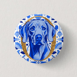 Weimaraner som tittar genom bokstaven "O" i Guld Knapp