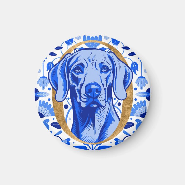 Weimaraner som tittar genom bokstaven "O" i Guld Magnet (Framsidan)