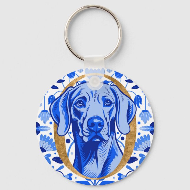Weimaraner som tittar genom bokstaven "O" i Guld Nyckelring (Framsida)