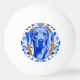 Weimaraner som tittar genom bokstaven "O" i Guld Pingisboll