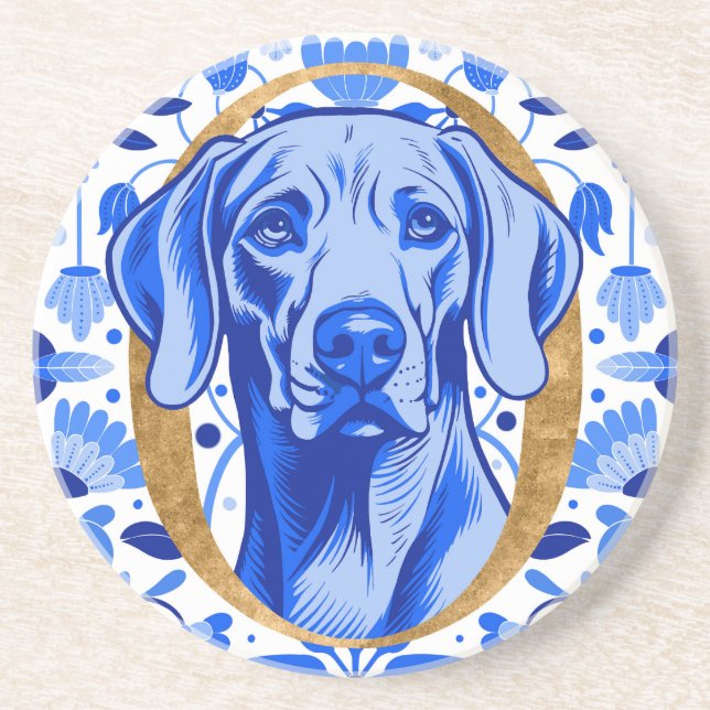 Weimaraner som tittar genom bokstaven "O" i Guld Underlägg (Framsidan)