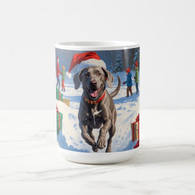 Weimaraner springer i snö med julhatt kaffemugg (Center)