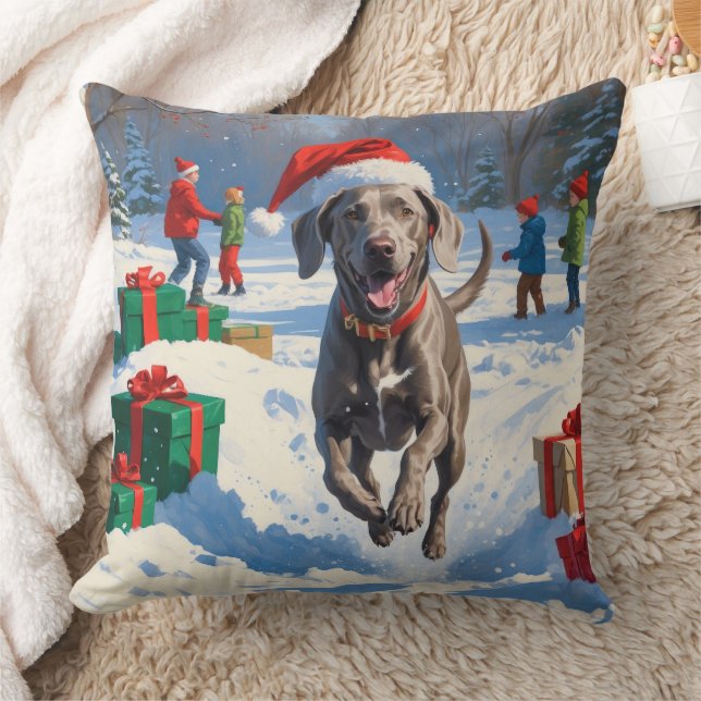 Weimaraner springer i snö med julhatt kudde (Filt)