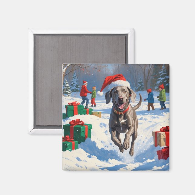 Weimaraner springer i snö med julhatt magnet (Front/Back)