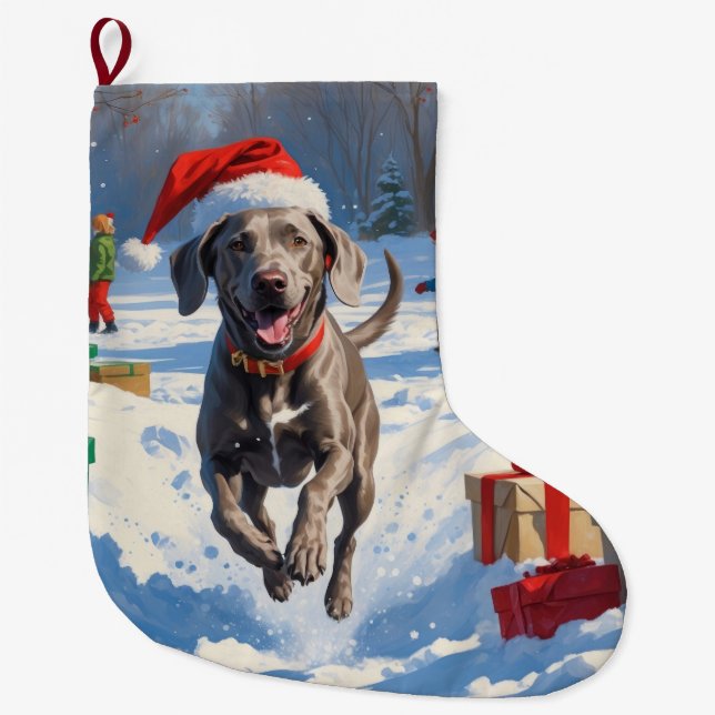 Weimaraner springer i snö med julhatt stor julstrumpa (Framsidan)
