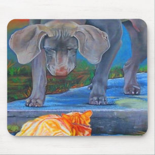 Weimaraner & tabby katt Mousepad Musmatta
