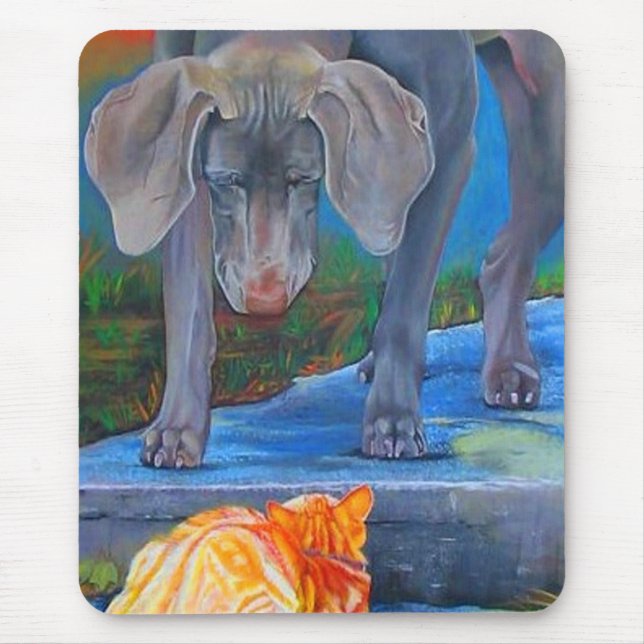 Weimaraner & tabby katt Mousepad Musmatta (Framsidan)