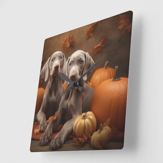 Weimaraner Valp Höstglädje Pumpa Fyrkantig Klocka (Vinkel)