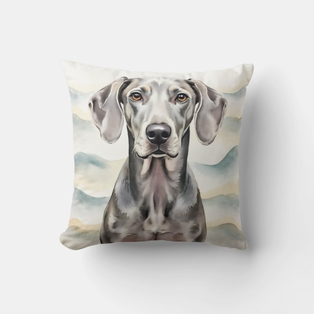 Weimaraner Vattenfärg Silvervåg Konst Kudde (Framsida)