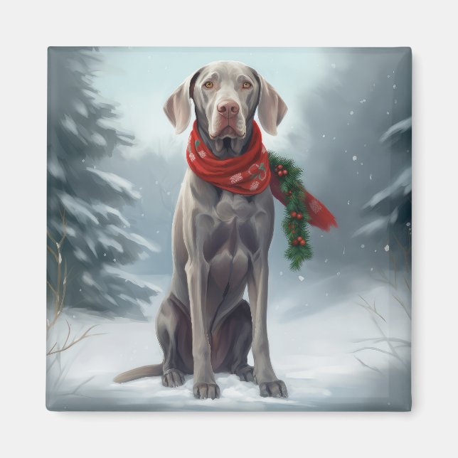 Weimaranerhund i snö jul magnet (Framsidan)