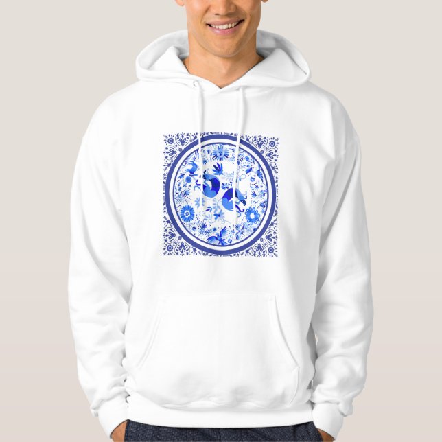 Weimaraners, Rabbits and Birds Otomi Blue & White  Hoodie (Framsida)