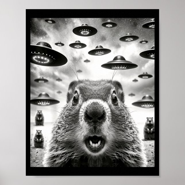 Weird Groundhogs Selfie With Alien Ufo Funny Groun Poster (Framsidan)