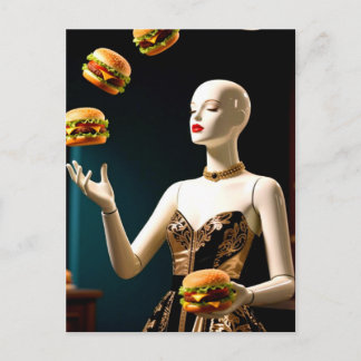 Weird Mannequin with Cheeseburgers Vykort