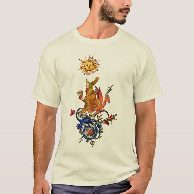 WEIRD MEDIEVAL BESTIARY,ALCHEMIST,RED DRAGON ,SUN  T SHIRT (Framsida)