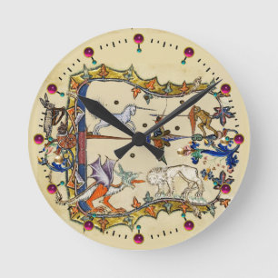 WEIRD MEDIEVAL BESTIARY ,UNICORN FIGHTING MONKEY RUND KLOCKA