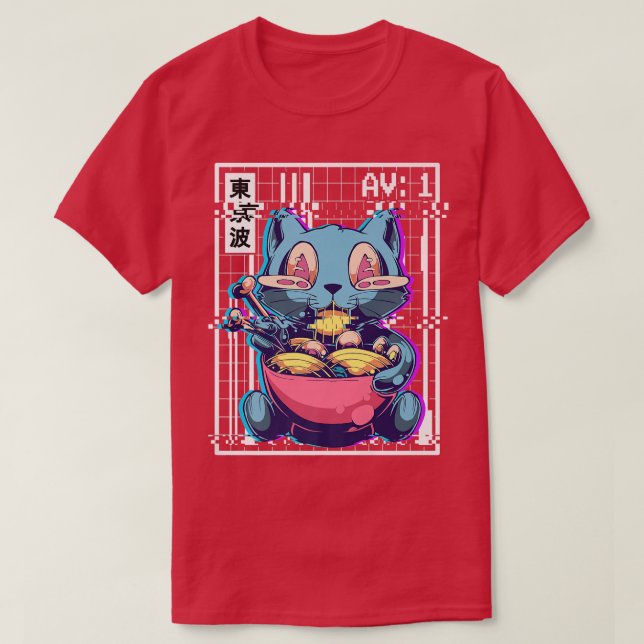 Weirdcore Cat Ramen Glitch Vaporwave Aesthetic Pas T Shirt (Design framsida)