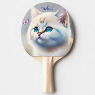 weiße Katze mit blauen Augen Wasserfarbenbild Pingisracket