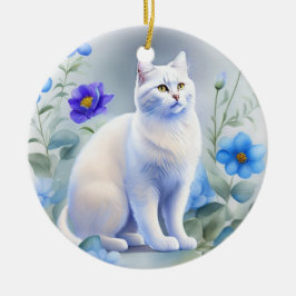 Weiße Katze mit blauen Blumen, Aquarell-Malerei Julgransprydnad Keramik