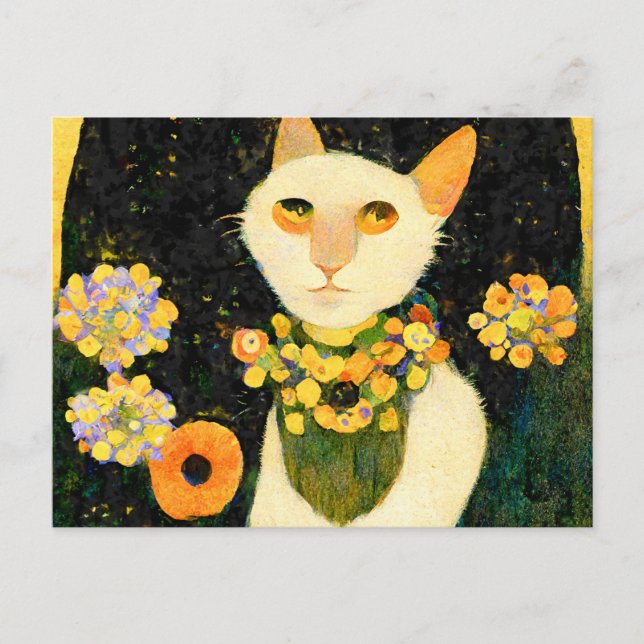 Weiße Katze mit Blumen. Jugendstil gemalt. Vykort (Framsida)