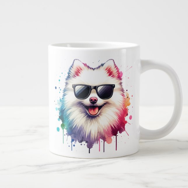 Weißer kleiner Spitz Hund mit Sonnenbrille Jumbo Mugg (Höger)