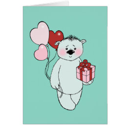 Weißer Teddybär mit einem Geschenk und Luftballons OBS Kort
