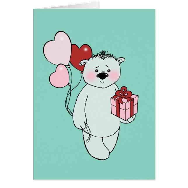 Weißer Teddybär mit einem Geschenk und Luftballons OBS Kort (Framsidan)