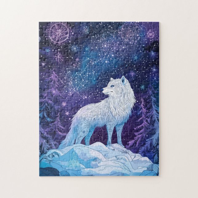 Weißer Wolf Winter unter magischem Sternenhimmel Pussel (Vertikal)
