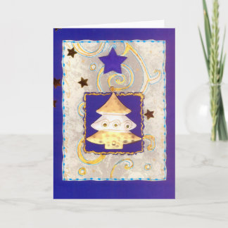 WEISSGOLDENER WEIHNACHTSBAUM auf Blau mit Sternen Helgkort