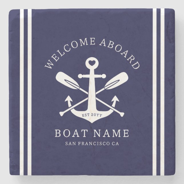 Welcome Aboard Boat Name Nautical Anchor | Blue Stenunderlägg (Framsidan)